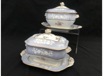 Pair Of Copeland Spode Gravy Boats And Lids With Underplates - Maritime Rose Blue Pattern