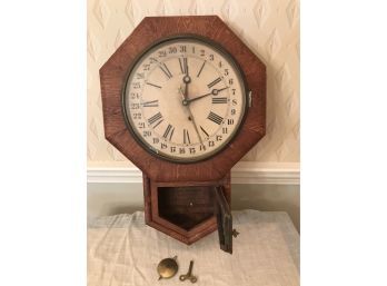Antique Calendar School Clock By Ansonia Clock Co. With Original Key - Receipt Of Purchase
