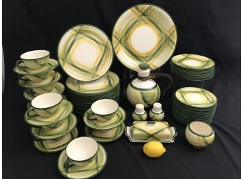 Authentic 74 PC Lot Of Mid Century Vernonware Hand Painted Dish Set - 'Gingham'  Made In USA