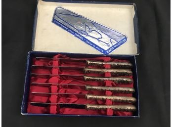 Set Of 6 Vintage Silver Plated Judaica Fruit Knives, Bezalel Work - Original Box