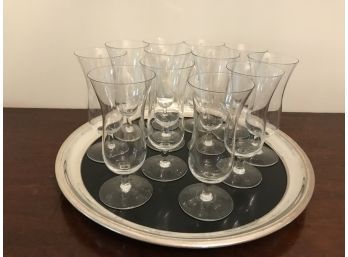 Mad Men Revisited - MCM Silver Rimmed 13' Tray & 12 Crystal Glasses Or Parfait Glasses