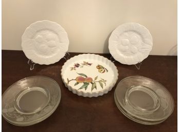 Elegant Lunch Set - Evesham Porcelain Quiche Dish, Etched Clear Plates And Rondeville Plates