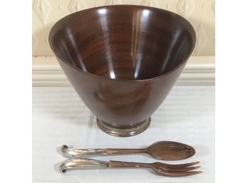 MCM Fisher Sterling Rimmed Hand Turned Mahogany Salad Bowl & Servers With Sterling Handles