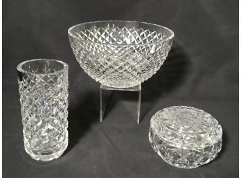 3pc Crystal Assortment - Alana Waterford 6' Vase, Waterford 8' Bowl And Covered Dish