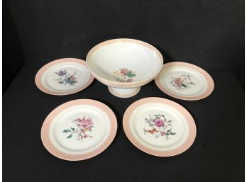 Pink Rim & Floral Center China 4pc Dish Set Plus Pedestal Bowl - Gold Accent