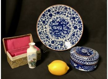 3PC Japan Porcelain Collectibles - Dragon Bowl And Trinket Box,  Mini Porcelain Vase/Liquor Bottle