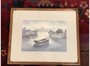 Signed Original Watercolor By Turk Resminden Bir Kesit, Aralik Turkey 1985 - Boat Scene