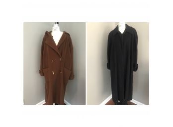 Two Long Boxy Fit Wool Vintage Coats - Perry Ellis Portfolio And Brown Hooded Toggle - Boxy Fits Size 12 & 14