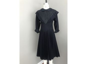 Vintage 1950s  Navy Dress With Pleats, Beading - Wool And Silk - Estimate Size 6