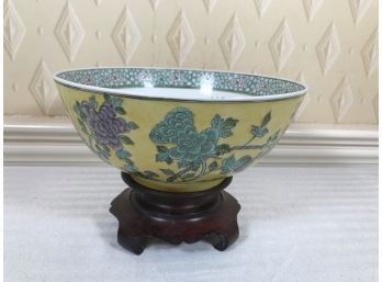 Hand Painted Porcelain Bowl On Wooden Stand - Made In Hong Kong