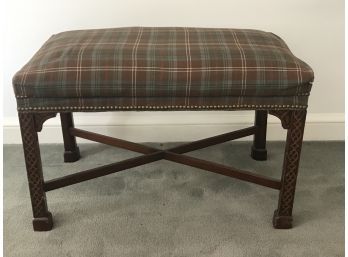 1960s Chinese Chippendale Style Upholstered Bench With Brass Nailheads & Detailed Wooden Legs