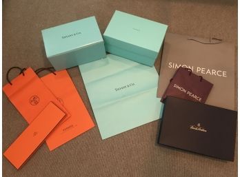 9PC EMPTY Designer Bags & Boxes  - Tiffany, Hermes, Simon Pearce, Brooks Brothers