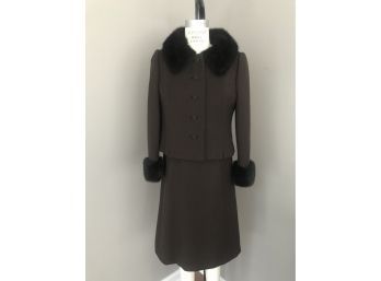 Vintage Branelle Deep Brown Wool Dress With Matching Fur Trimmed Jacket - Estimated Size 6