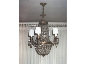 Antique Four-Light Crystal Chandelier With Etched Glass Globe Top And Intricate Brass Metal Work