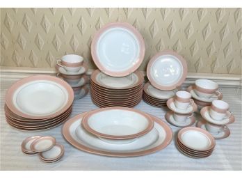 Circa 1860s Haviland 57PC Lot Of Antique China - Pale Pink Band, Gold Rim And Accents, Handpainted Detail
