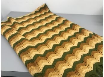 1970s Retro Chevron Patterned Handmade Knit Afghan  With Fringe