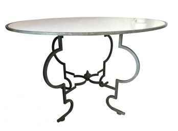 Table With Wrought Iron Base With White Glass Top - Outdoor Or Porch Table  46'D