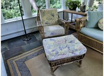 2pc Stick Wicker Rattan Arm Chair And Ottoman With Floral Unholstered Cushions - 1930s