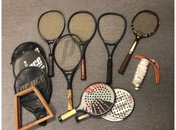 Tennis Anyone?! 5 Racquets And Covers Plus  2 Platform Racquets  - Prince, Wilson, Vintage Davis Plus