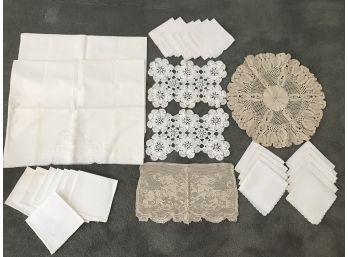 29 PC Lot Of Linen And Lace - Pillowcases, Embroidered Napkins, Hankies, Dresser Scarves