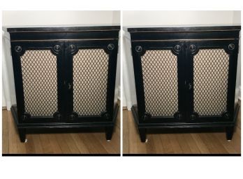 Pair Of Vintage Black Painted Wire Front Storage Cabinets - Hand Painted Gold Accents - 36'L