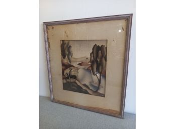Signed 'harris' Deers By The River Scene Art In Boarded Frame