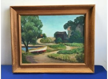 Beautiful Country Home Boat By Pond Oil On Board