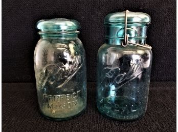Two Antique 7' One Quart Blue Ball Mason Jars   (Lot 3)