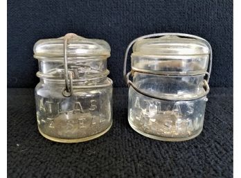 Two Vintage Small ATlas EZ Seal Swing Top Mason Jars With Wire Bail