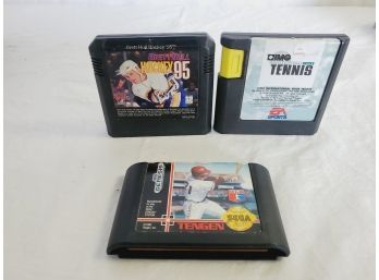 Three Vintage SEGA Genesis Video Game Cartridges, Tengen, Brett Hull Hockey 95 & IMG Intl Tennis
