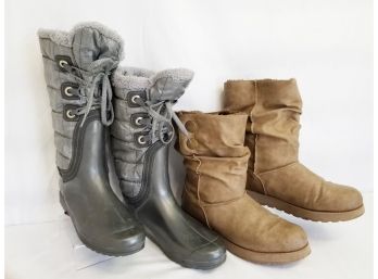 Two Pairs Of Women's Fur Lined Cold Weather Boots: Sporto And Sketchers Size 8