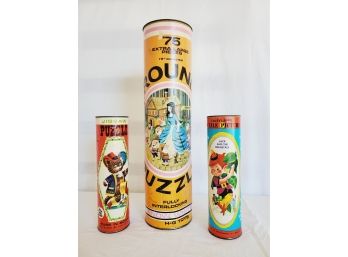 Two Vintage Harrett Gilmar Jigsaw Puzzles Tube Containers-Puss N Boots, Jack And The Beanstalk