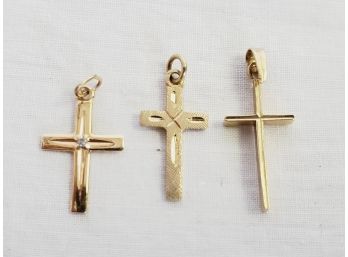 Trio Of Cute 14K Yellow Gold Small Cross Pendants - Total Weight .821 Dwt