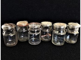 Six Vintage 12 Oz. Ball And Atlas EZ Seal Mason Jars With Glass Lids And Bails  (Lot 4)