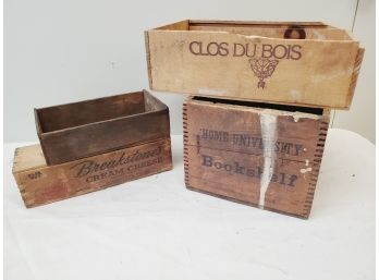 Four Assorted Vintage Wood Boxes - Breakstones Cream Cheese, Clos Du Bois Wine, Home University Bookshelf