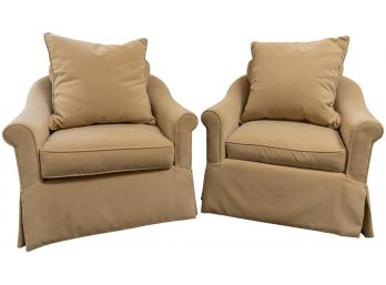 Pair Of Kravet Performance Velvet Swivel Club Chairs With Two Pillows