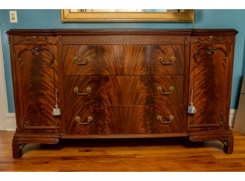 Flame Mahogany Three Drawer And Two Door Buffet With Custom Glass Top Circa 1930s