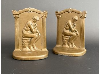 A Pair Of Vintage Brass-Toned Bookends After Rodin's The Thinker
