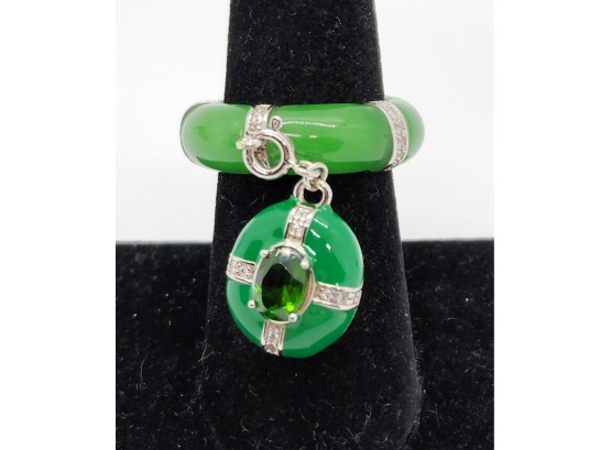 Green Jade, Russian Diopside, White Zircon Enameled Band Ring With Detachable Charm In Rhodium Over Sterling