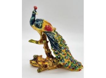 Austrian Crystal, Enameled Peacock Trinket Box In Gold Tone