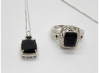 Black Tourmaline Ring & Pendant Necklace In Sterling Silver