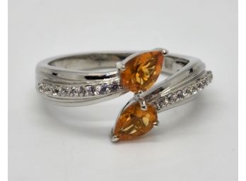 Fire Opal, White Zircon Ring In Platinum Over Sterling