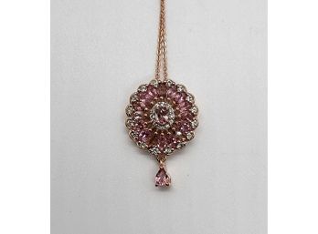 Natural Blush Tourmaline & White Zircon Flower Pendant Necklace In Rose Gold Over Sterling
