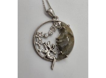 Fire Labradorite, White Zircon Pendant Necklace In Platinum Over Sterling