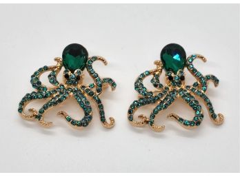 Pair Of Austrian Crystal Octopus Brooches