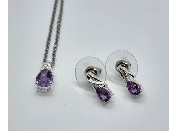 Rose De France Amethyst Earrings & Pendant Necklace In Sterling & Stainless