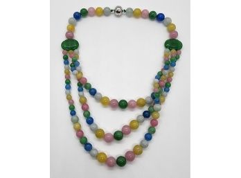 Multi-color Jade Beaded Necklace In Rhodium Over Sterling