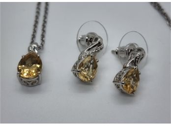 Citrine Earrings & Pendant Necklace In Platinum Over Sterling & Stainless