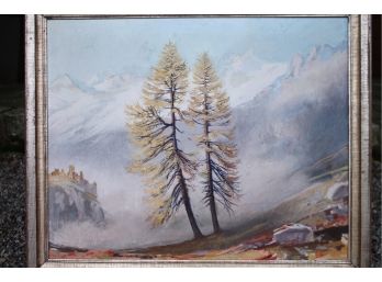 Two Trees On A Mountain Slope Oil On Canvas Painting By PAUL EMIL WISS (1888-1977) Swiss Artist