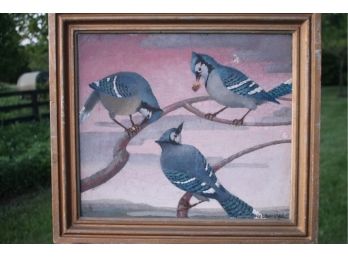 'Three Bluejays' Oil On Canvas Framed Painting Signed By Helen Habberstad (1892-1966)